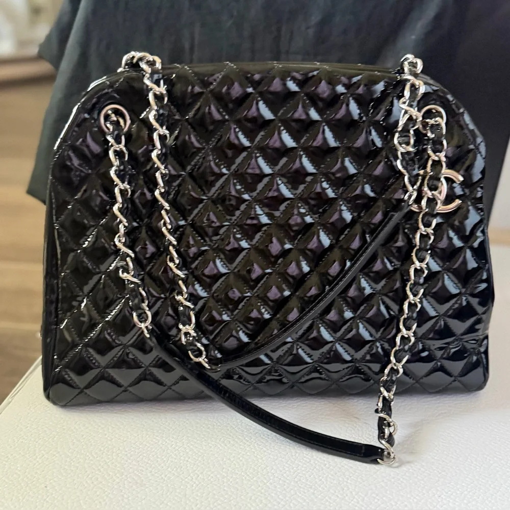CHANEL Black Quilted Patent Leather Just Mademoiselle Bag (Excellent)